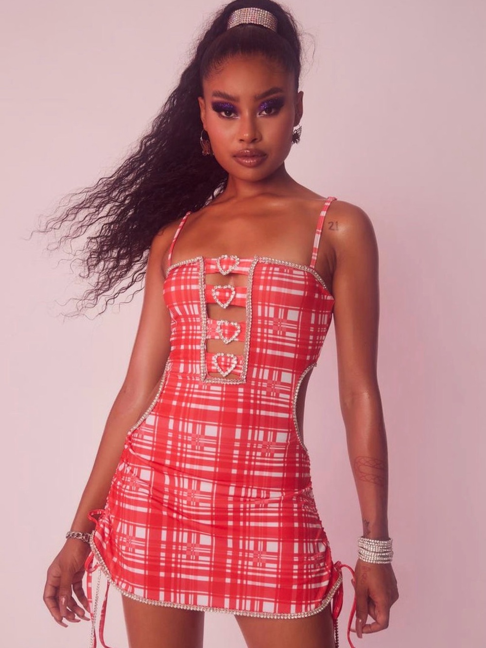 Red Plaid Heart-Trim cut out Mini Dress with rhinestones